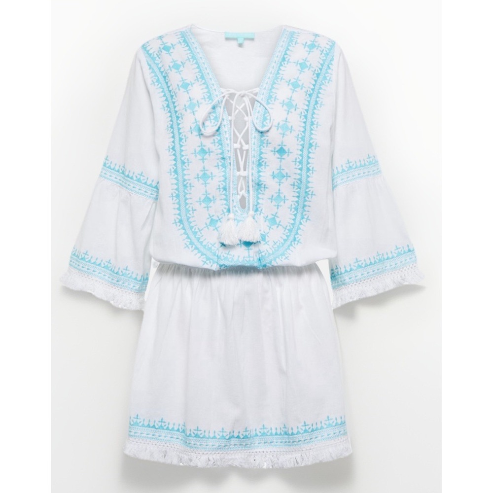 Melissa Odabash Martina Embroidered Swim Beach Dress Cover Up White Blue Size L